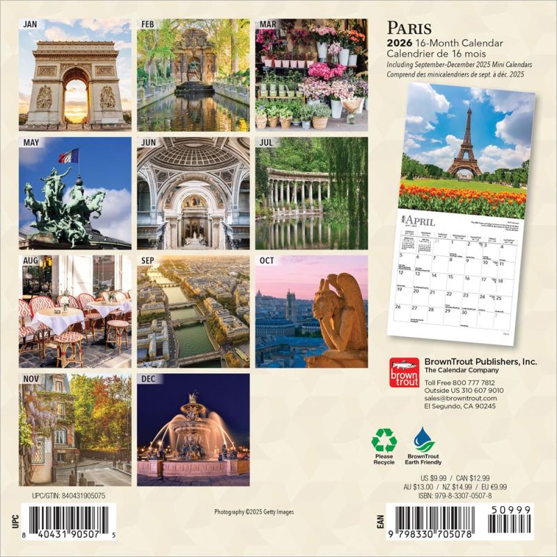 Paris | 2026 7 x 14 Inch (Hanging) Monthly Mini Wall Calendar