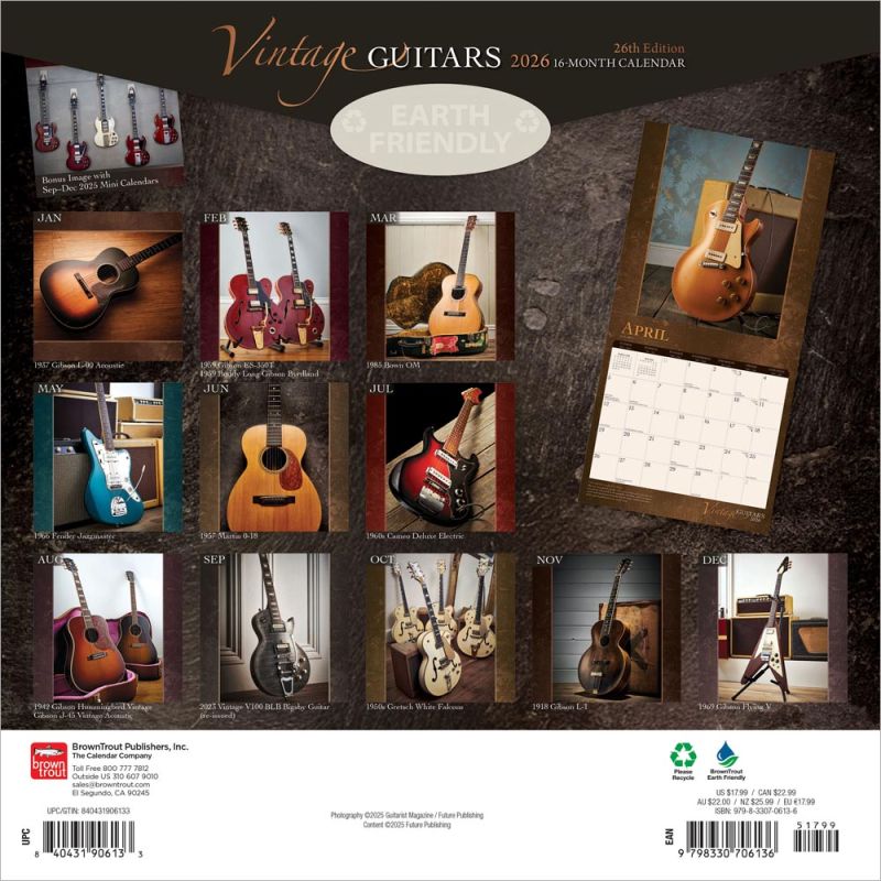 The Vintage Guitar Calendar 1998～2001 Vintage Guitars | 2026 12 x 24 Inch (Hanging) Monthly Square Wall